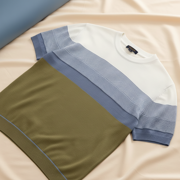 Close-up of the GRADON knit pullover fabric, showing a refined, high-density weave in a soft, luxurious texture.