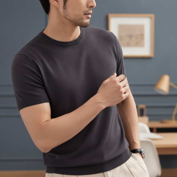 Close-up of a man in a charcoal knit pullover, his arm bent at the elbow, showing the fabric's smooth fit with no bunching or