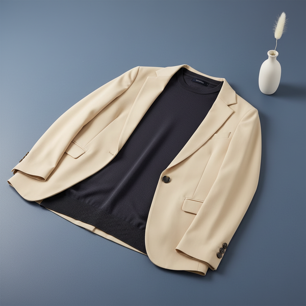 Charcoal knit pullover, GRADON, draped over a warm cream blazer on a slate blue surface, showcasing its clean lines and sophi