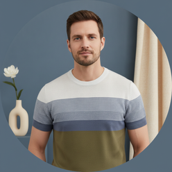 Julian Vance, a modern professional, smiling confidently in a circular portrait, wearing the GRADON knit pullover against a c