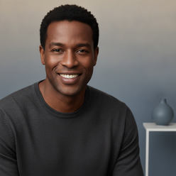 Simon Black, a diverse man, smiling and wearing a charcoal knit pullover, against a clean cream and slate blue background.