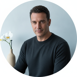 Circular portrait of Luca Moretti, a modern professional man, wearing a dark charcoal knit pullover, against a clean, subtly 